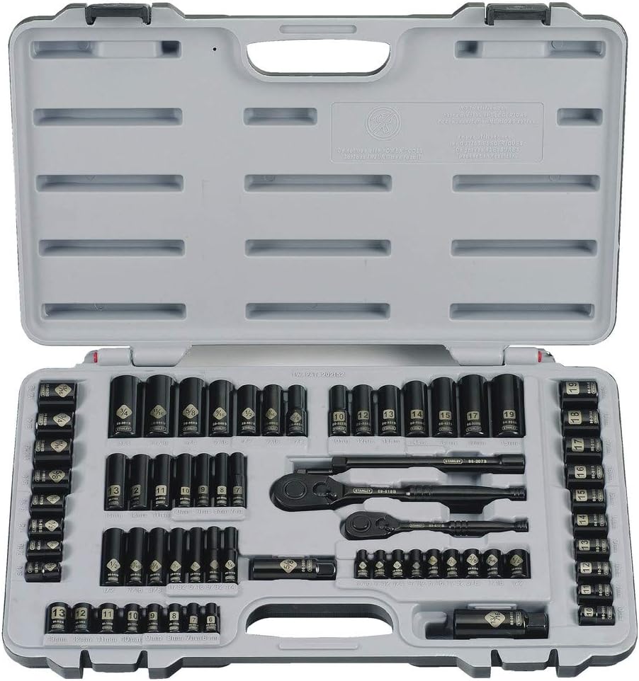 STANLEY Mechanics Tool Set, SAE, 1/4 in. & 3/8 in Drive, 69 Piece, Black Chrome (92-824)