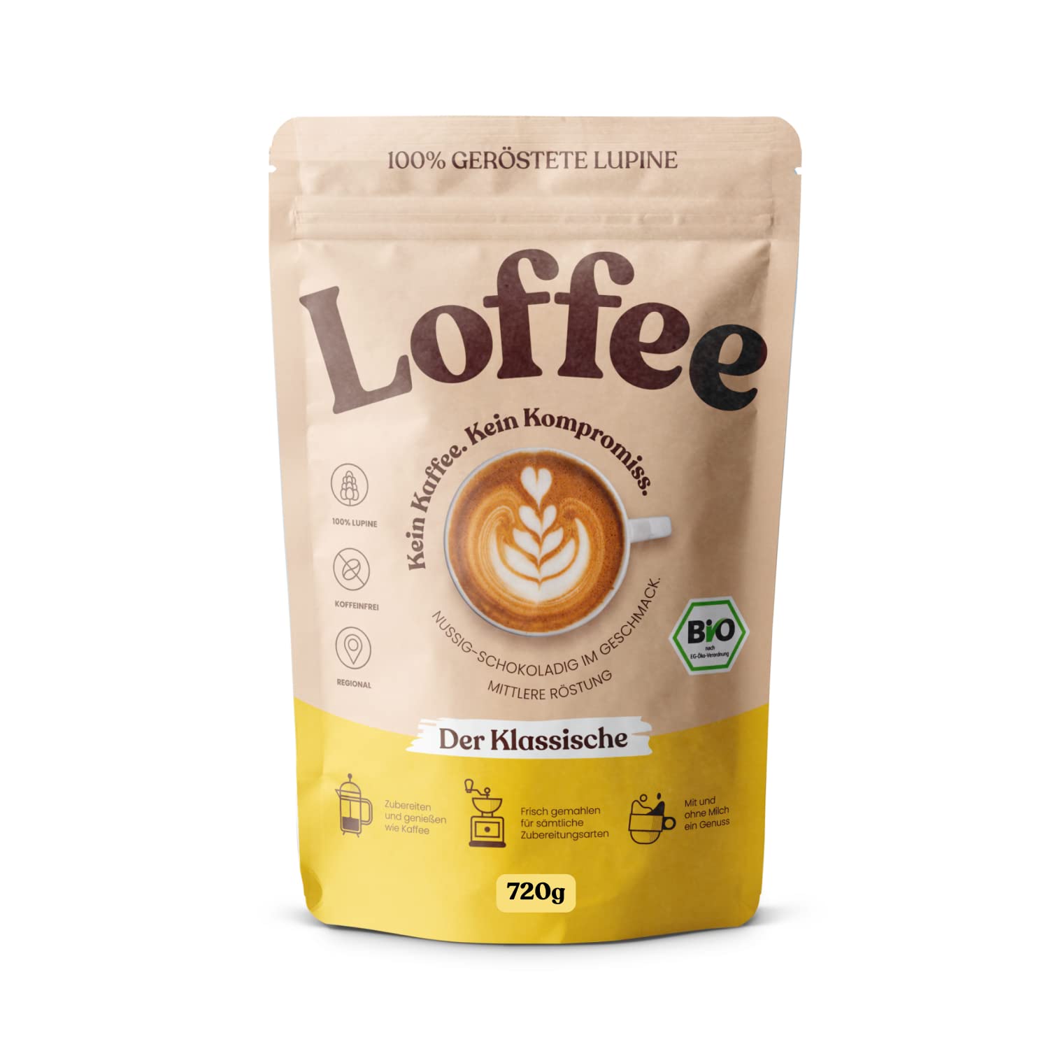 BIO Lupinenkaffee 720g | Loffee® "Der Klassische" – Koffeinfreie Kaffee–Alternative aus Lupinen | Natürlich & Regional | gemahlen