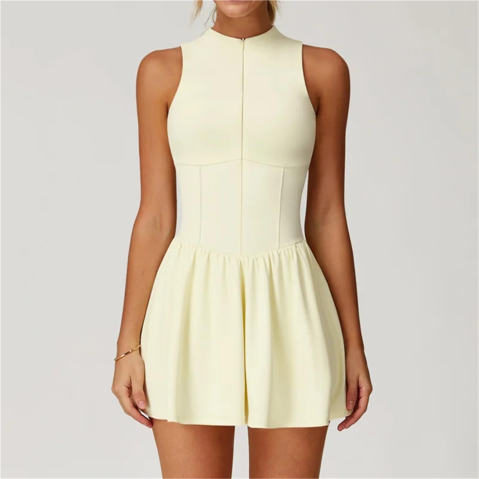 HKABCXT Abito da Tennis da Donna Vestito Estivo da Donna con Colletto alla Coreana Finto in Due Pezzi, Strato Base Anti-Esposizione, Gonna Tennis Svasata