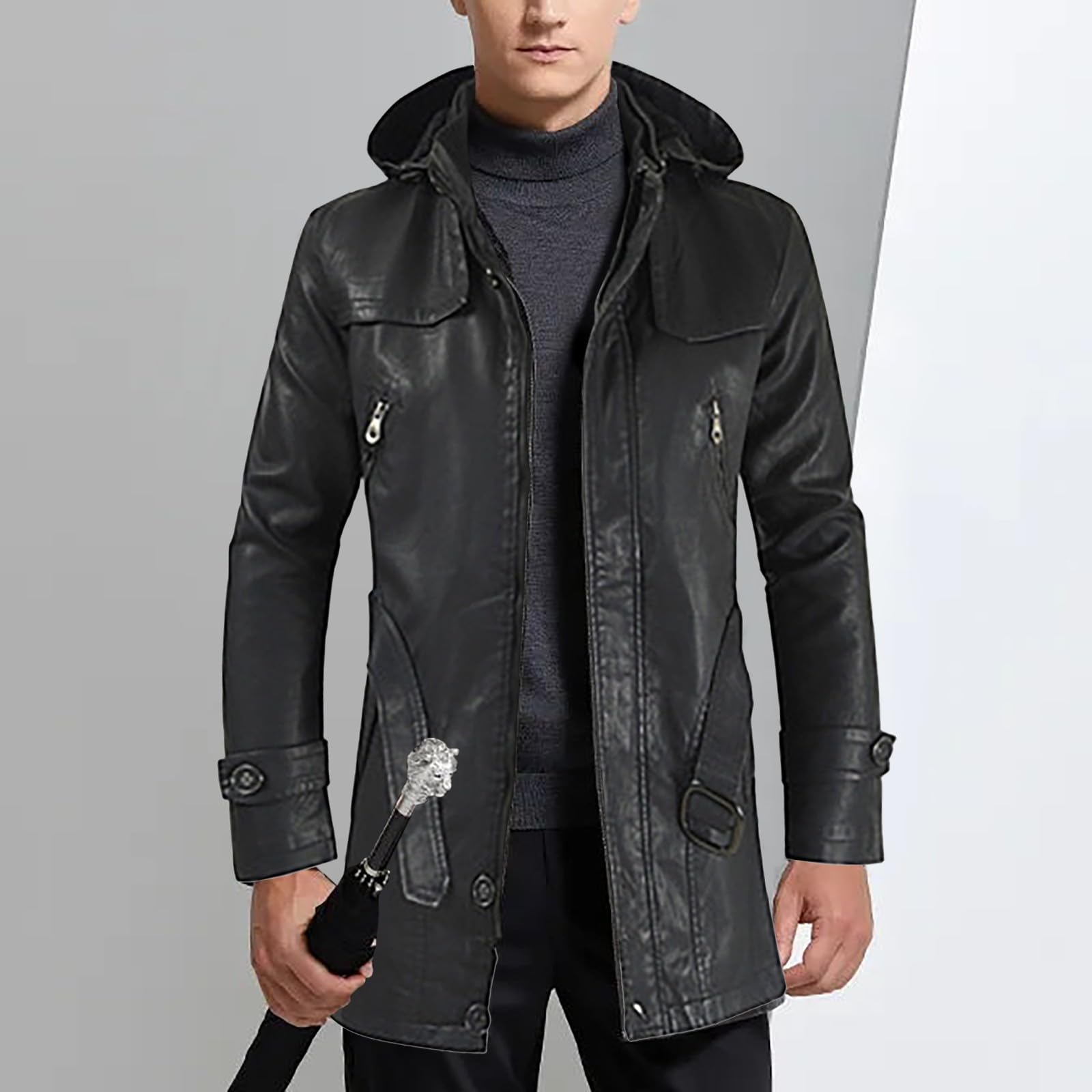 Veste en cuir pour homme, long duffle-coat 3/4 avec capuche amovible, parka, long trench noir, manteau à capuche safari noir, manteau coupe-vent d'hiver chaud avec poches