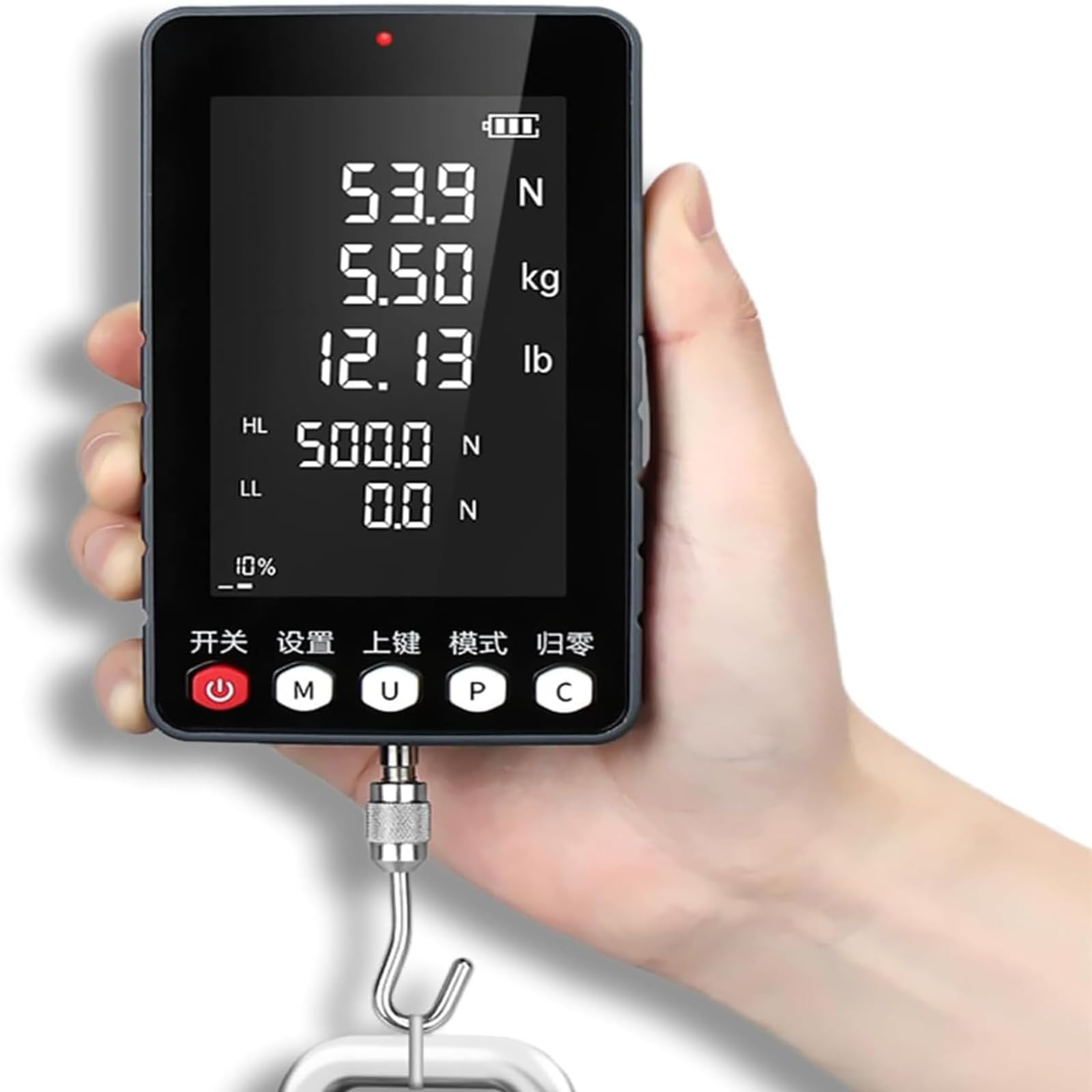 Digitales Kraftmessgerät mit LCD-Display, Echtzeit-Messmodus, Messbereich 2-1000N, Spitzen- und Erste-Spitzen-Modi, USB-Datenausgang
