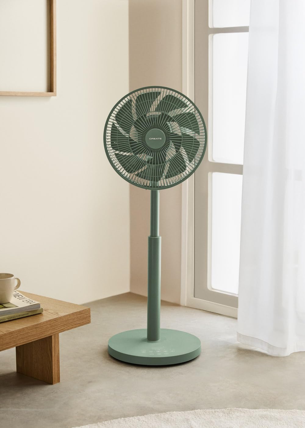 CREATE / AIR STAND 3D / Ventilador de pie con oscilación 3D ultrasilencioso verde sage/Cobertura de aire 3D, altura regulable, 12 velocidades, base antideslizante, 30W