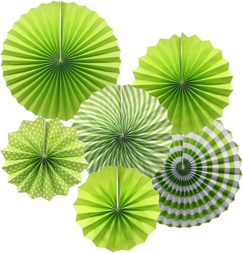 Image of 6 pcs Green Hanging Paper Fans for Party Decoration Colorful Patterns Party Fans for Birthday Anniversary Bridal Shower Baby Shower Christmas Diwali & Wedding Decor (Pack of 6, Green)