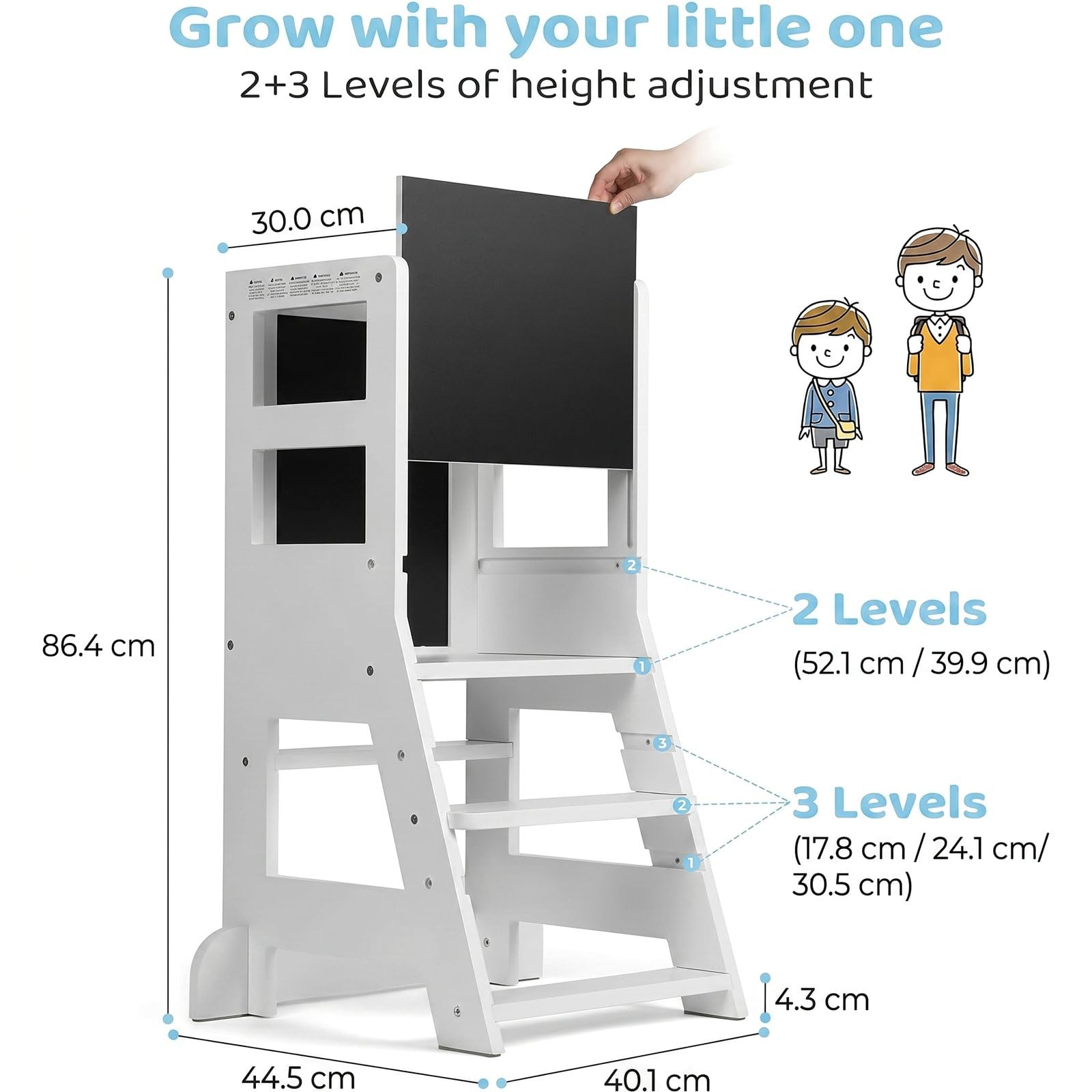 Torre para niños pequeños con planos ajustables de 3 alturas, tablero blanco magnético y negro extraíble