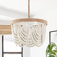 Vista 12 de VILUXY Candelabro bohemio con cuentas de madera de granja, lámpara colgante de cuentas de madera, Chandeleir colgante de 3 luces, candelabro rústico