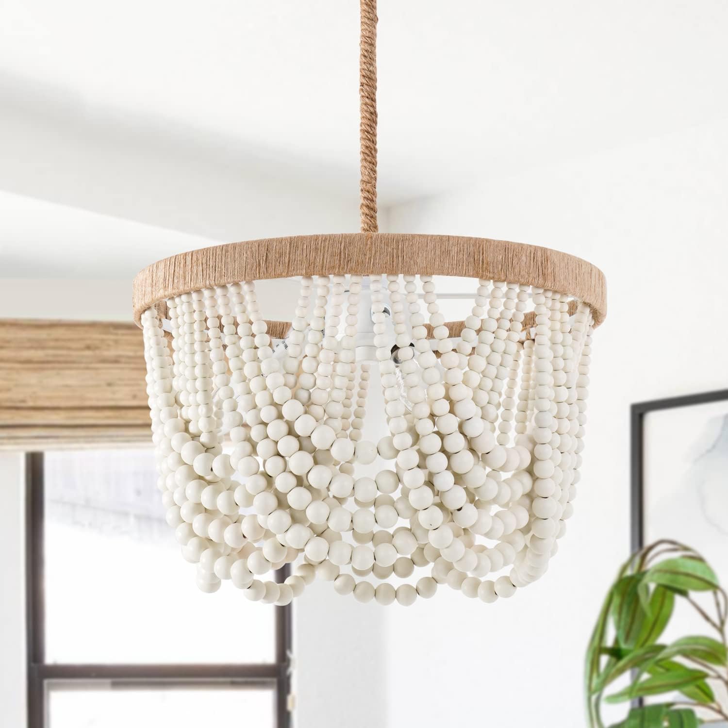 VILUXY Bohemia Wood Beaded Pendant Lights Antique Rustic Mini Chandelier White Finishing for Bedroom, Nursery Room, Girl Room, Hallway, Entryway, Passway, Dining Room, 3-Light