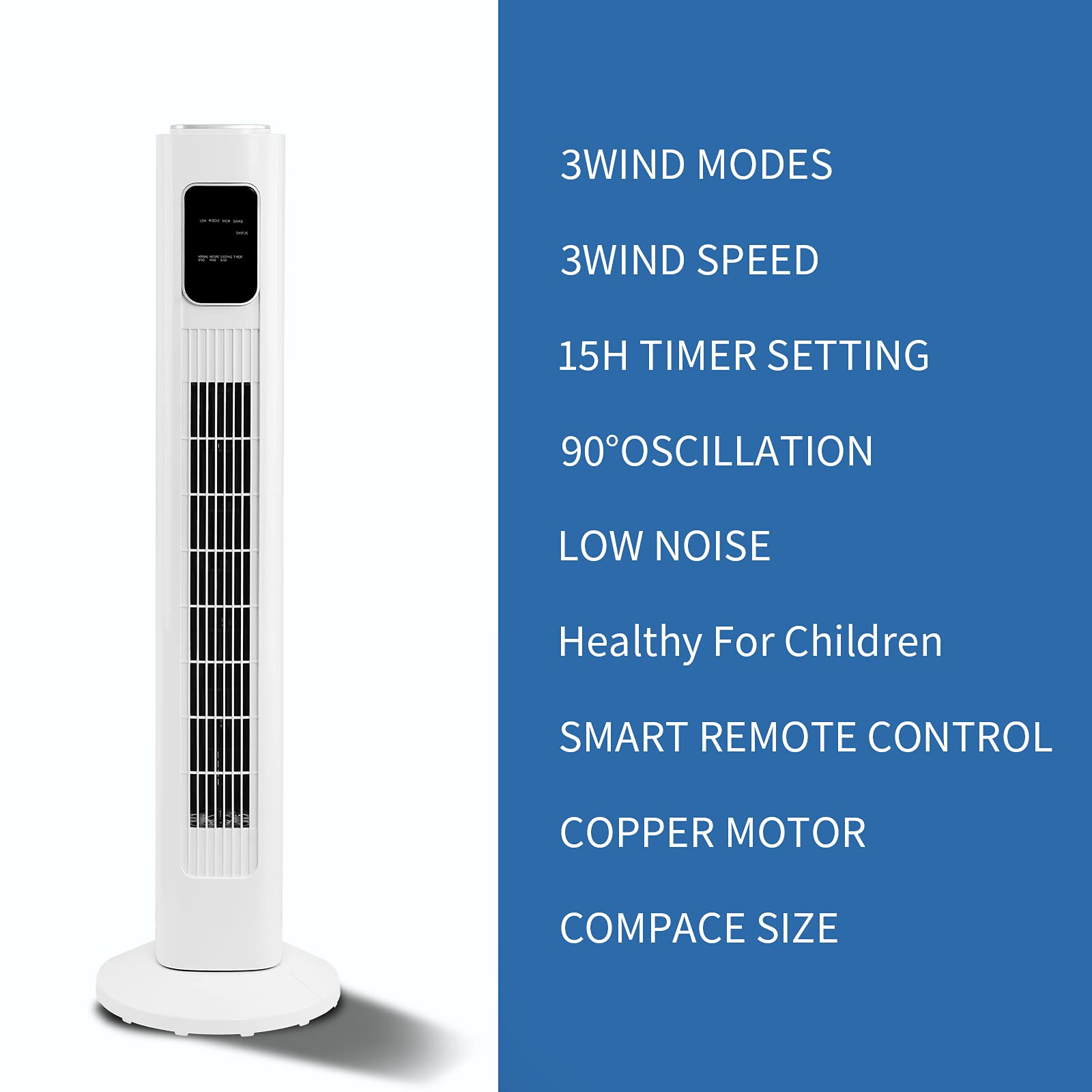 Antarctic Star Tower Fan - Bladeless Oscillating Fan, 3 Speeds, Remote Control, Quiet For Bedroom & Office, 35" White