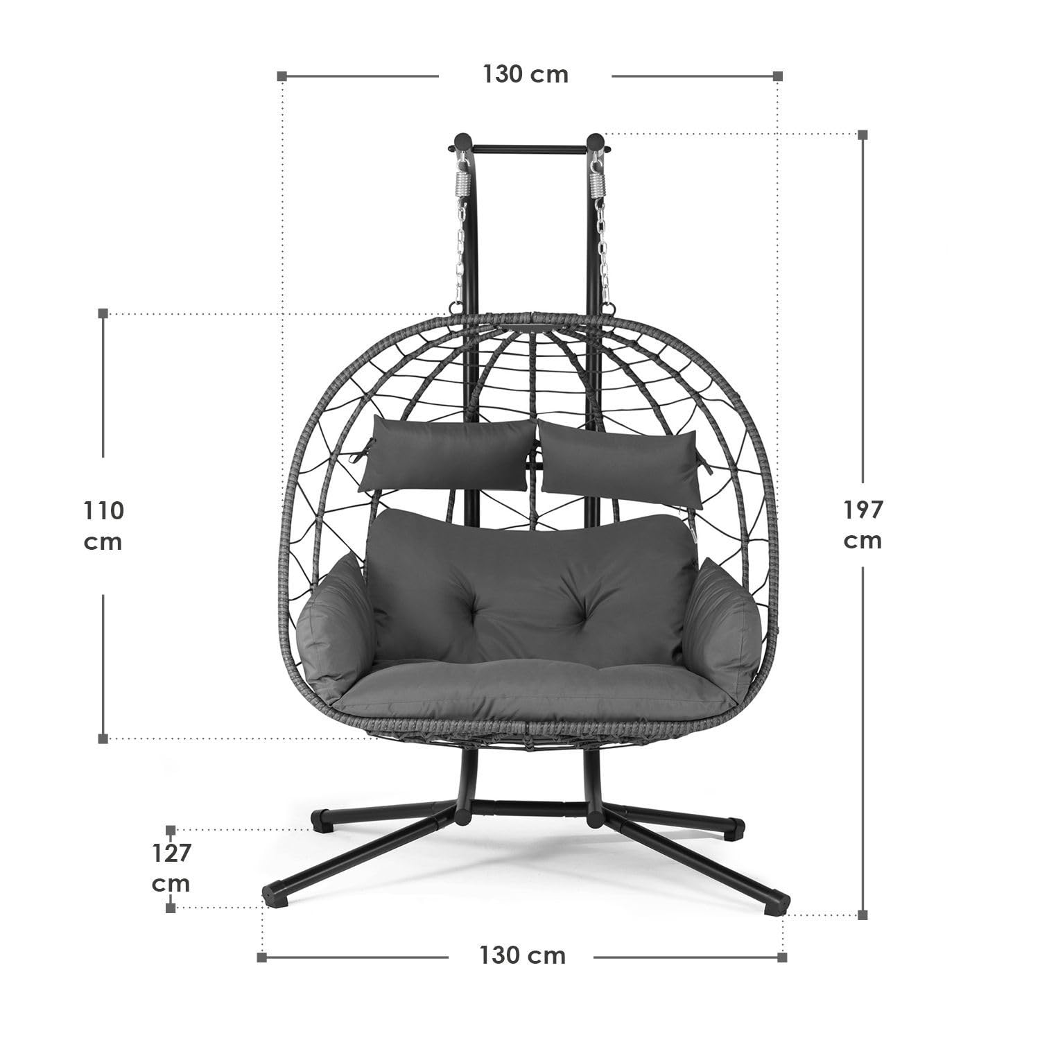 Juskys® Sillón colgante doble Aria – Silla colgante de poliratán con estructura y cojín – columpio para dos personas – Sillón exterior interior – cesta XXL gris