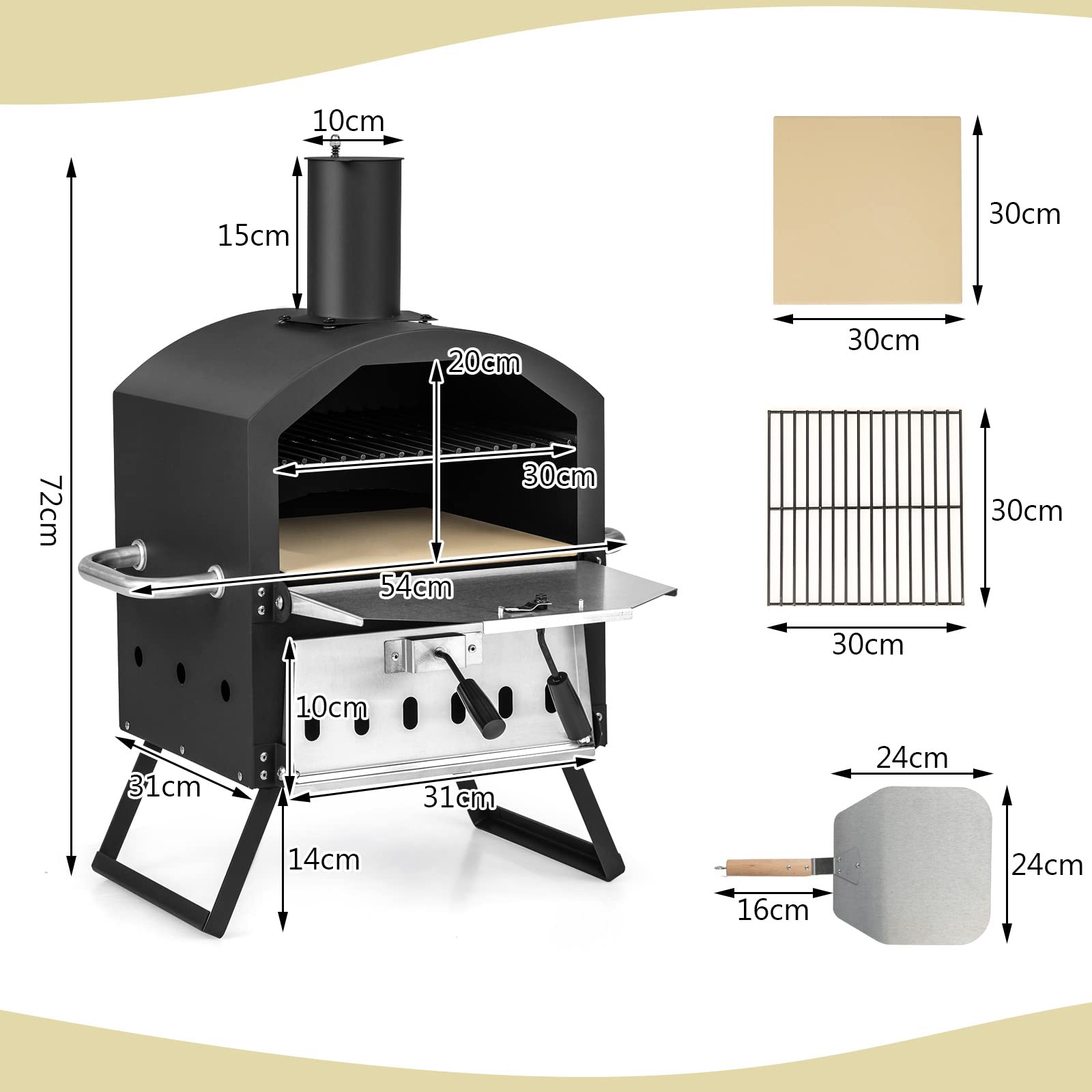 GYMAX Four à Pizza Extérieur Mini au Bois avec Pierre à Pizza, Pelle à Pizza, Jambes Pliantes et Poignées Portables