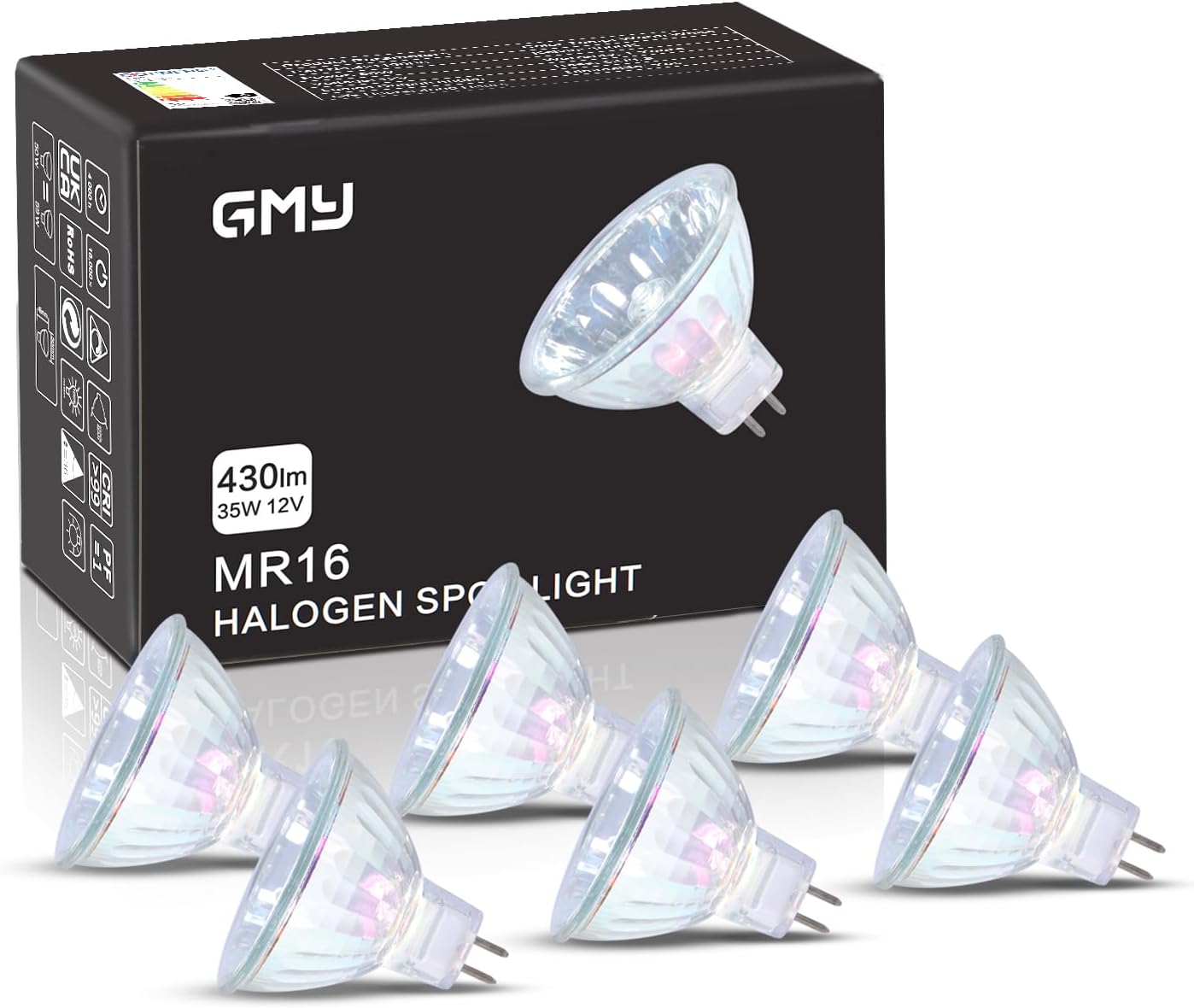 GMY MR16 Halogen Light Bulbs 35W 12V, GU5.3 Spotlight Bulb Dimmable, 4000 Hours Extra Long Lifetime, 2 Pin Base 36°Beam Angle, 3000K Warm White Dichroic 6 Pack