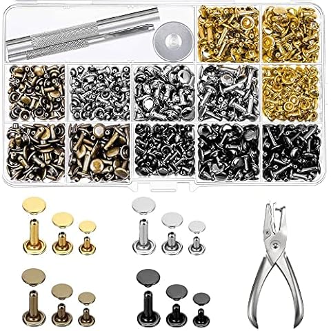 ZKSMNB Rivets, 480 Sets + Leather Rivets Metal Rivets Set with 3 Tools and 1 Riveter 3 Sizes Double Head Tube Rivets Leather Craft Accessories for DIY Clothing and Leather Crafts (4 Colours) Cover