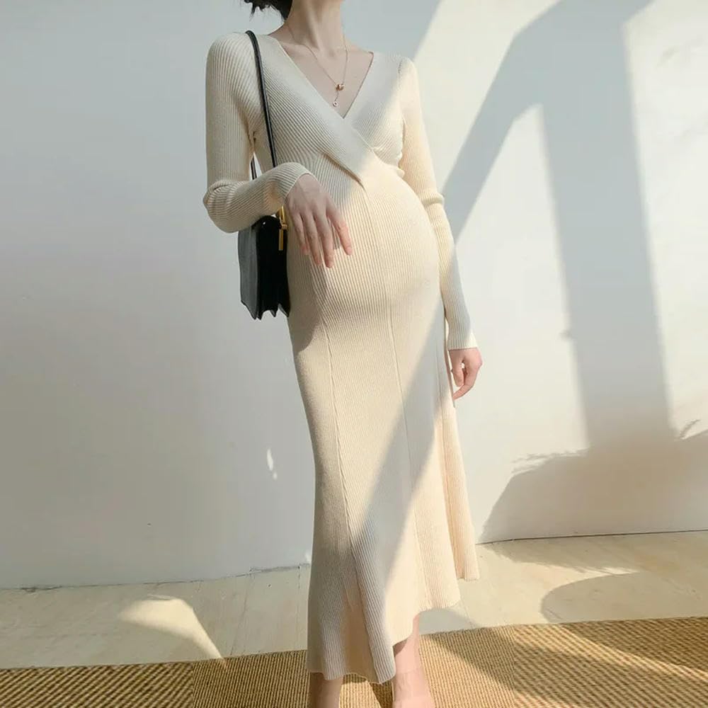 GLDFW damska sukienka ciążowa prążkowana dzianina elastyczna bodycon sukienki ciążowe dekolt w serek z długim rękawem ubrania ciążowe sesja zdjęciowa