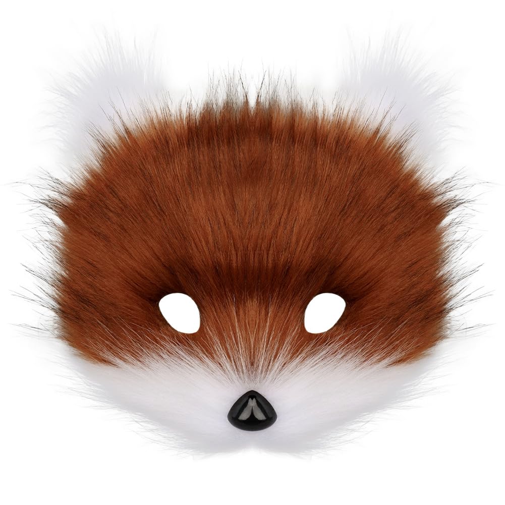 SIQITECHUK Furry Fox Cat Mask Plush Animal Masks Realistic Wolf Mask Half Face Halloween Cosplay Fancy Dress Carnival Party Costume Accessory for Adult (Brown White)