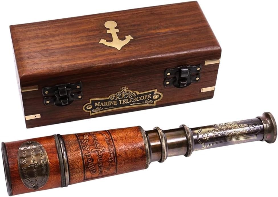 Brass & Wooden 15-Inch Telescope with Box – Vintage Pirate Spyglass, Explorer Collectible, Nautical Home Décor Gift,