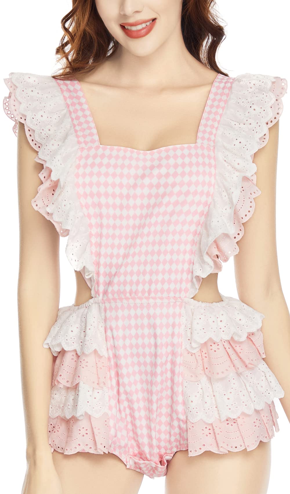 Cotton Button Crotch Bodysuit Onesie Pajamas- Lace Diamond Check Overalls