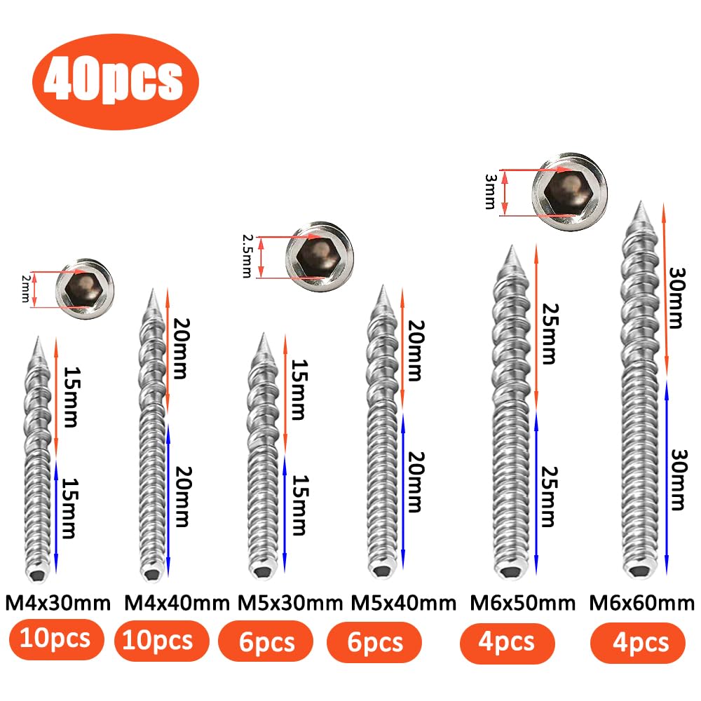 40 Pcs M4 M5 M6 Hanger Bolts, Double Sided Screws, Stainless Steel Screw Self-Tapping Double Ended Screw for Wood Joints(30/40/50/60mm) - Image 2