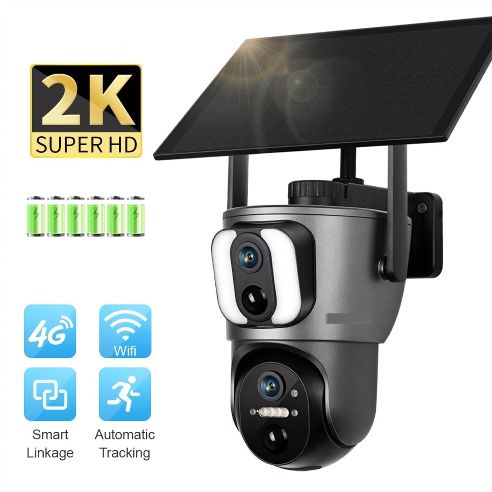 Caméra de sécurité, 4MP UHD Double écran Liaison Solaire caméra extérieure 4G détection PIR Humain Suivi Automatique de sécurité(4MP WiFi Add 64G)