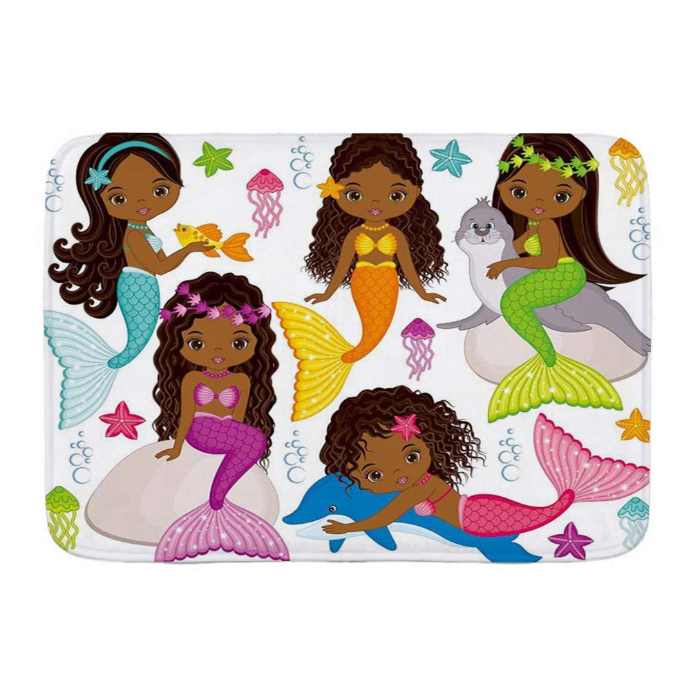 Arfurt Bath Mat Rug,Black Girl Magic Cute Afro Girls Mermaid Play with Dolphin Sea Lion Girly Girlish,Plush Bathroom Decor Mats with Non Slip Backing,31.5" X 19.5"