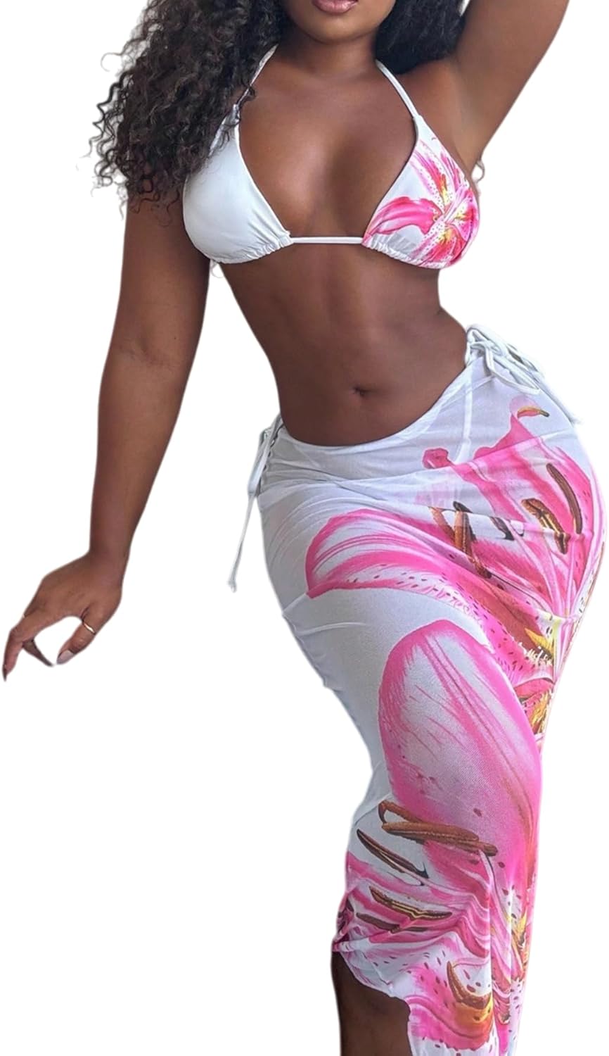 Women's Long Skirt Bikini Set Floral Print High Slit Halter Top Swimsuit Tie Side Beach Vacation Cover Up