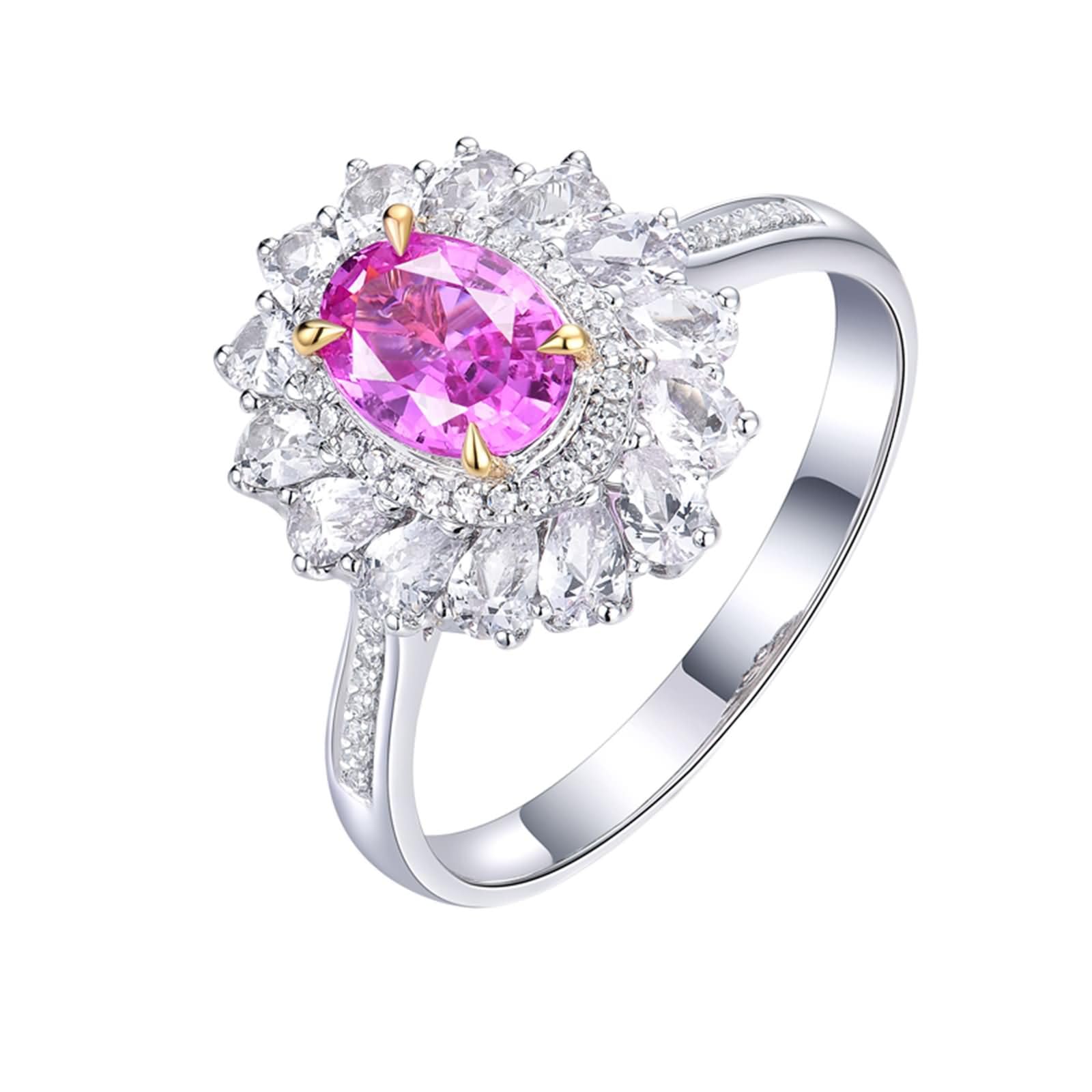 Pierścionek damski ślubny 9K / 14K / 18K białe złoto, kwiat i 4 owalne pazury z różowym szafirem i diamentem 0,79ct i diamentem, pierścionek małżeński kobiety srebrny różowy