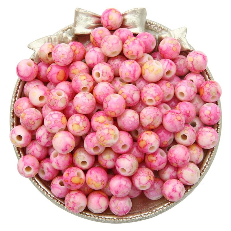 100pcs Acrylic Round Beads Pink 10MM Large Patterned Beads for Bracelet Making Adults,with 3MM Hole