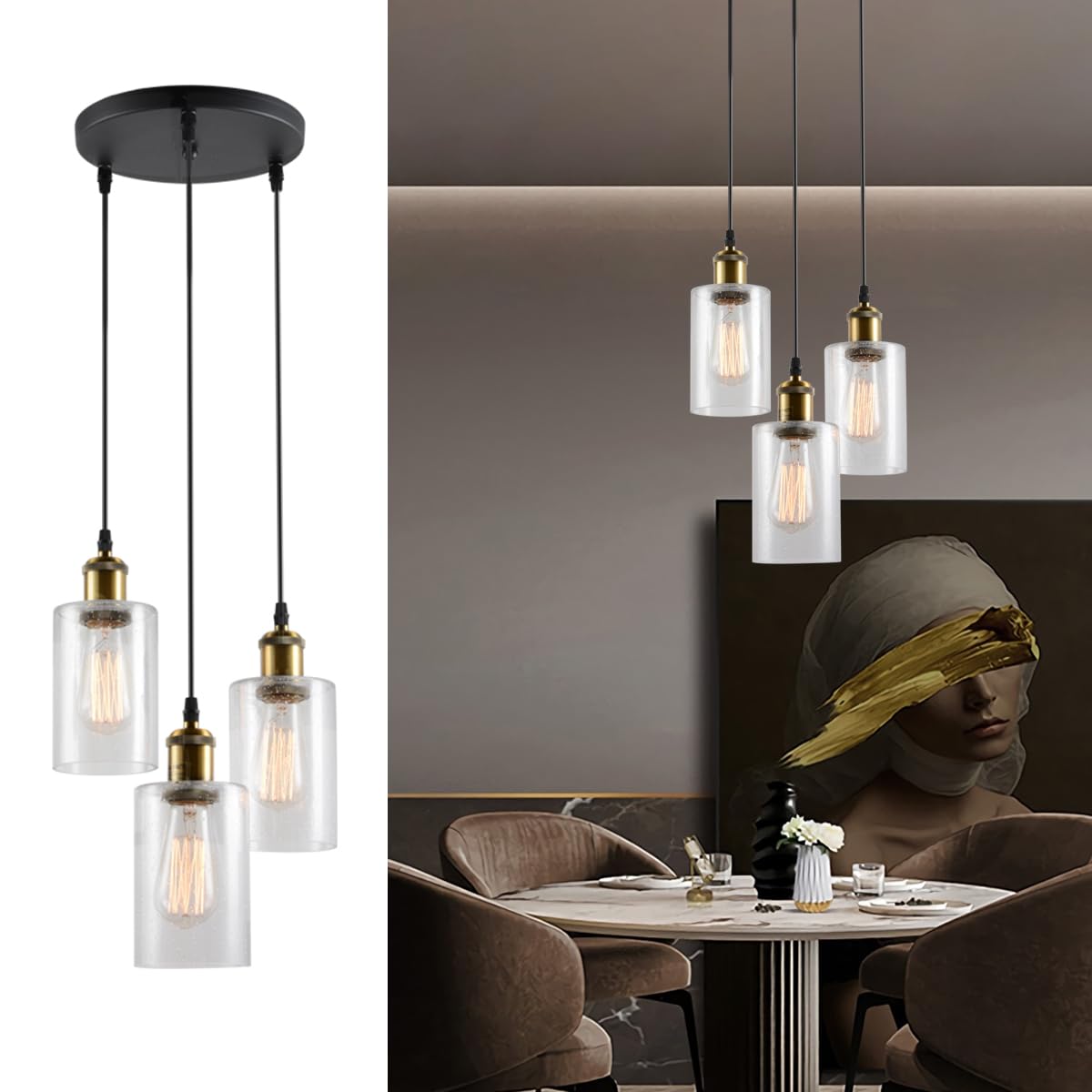 VILUXY 3-Light Black Pendant Light, Modern Farmhouse Seeded Glass Shade Cluster Chandelier Hanging Lamp Fixture for Dining Room Kitchen Island Entryway Black and Gold