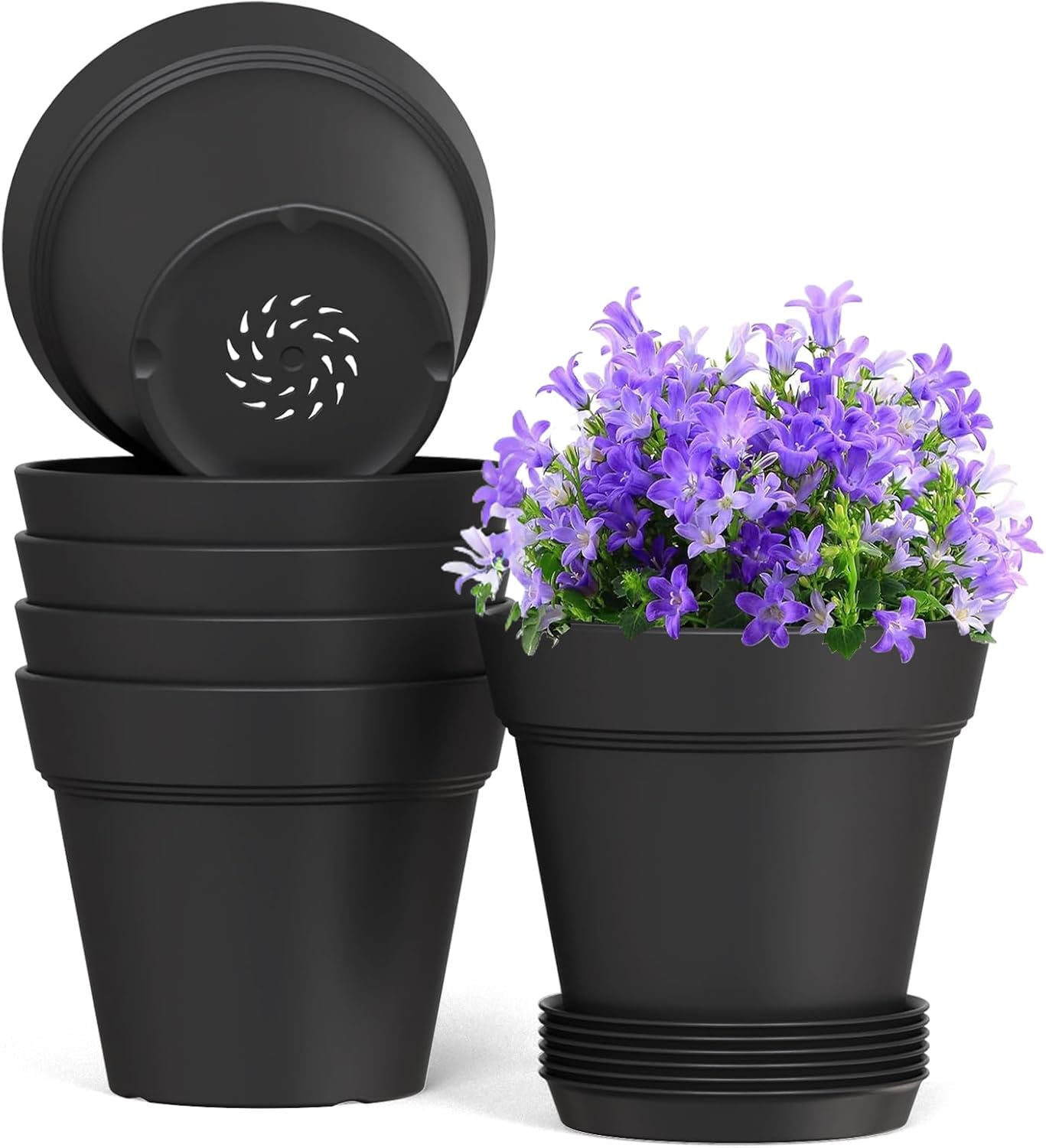 5 Inch Plastic Plant Pots with Drainage Holes and Trays – 5 Pack Small Nursery Pots for Indoor & Outdoor House Plants and Flowers, Seedling Starter Planters, Matte Black Black 5in 6pcs