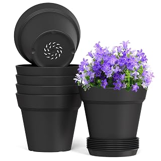 WSMKSZ 7 Inch Thick Plastic Plant Pots with Drainage Holes and Trays – 6 Pack Nursery Pots for Indoor & Outdoor House Plants, Seedling Starter Planters for Garden Flowers, Matte Black - Amazon product rated Grade A