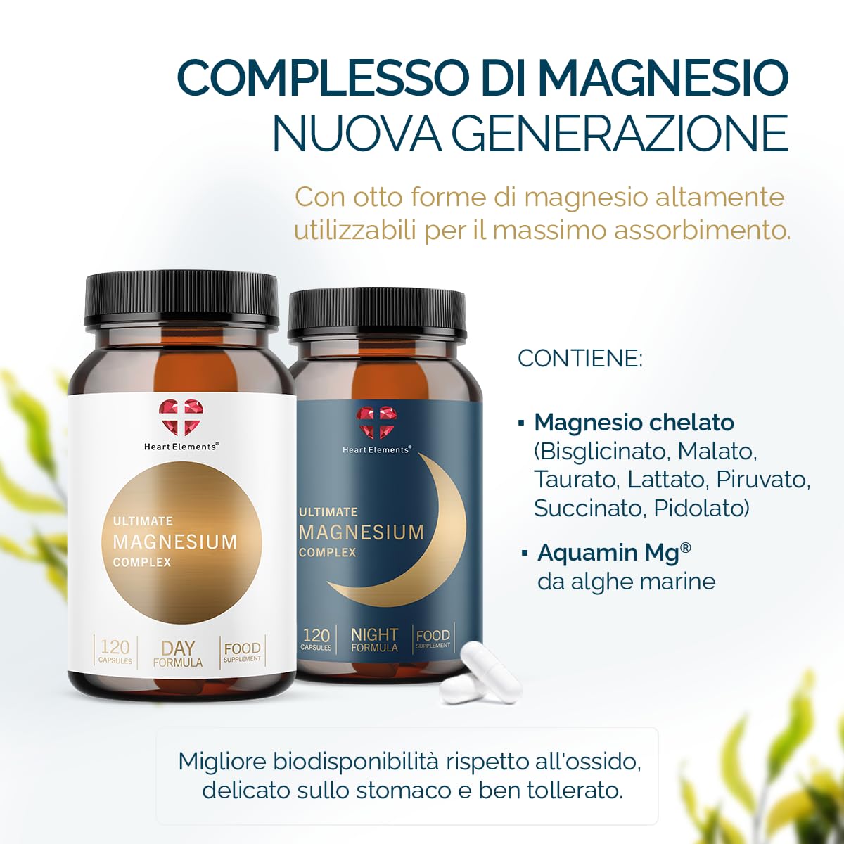 Ultimate Magnesium Complex, 2x120 Capsule di Complesso di Magnesio, Day&Night, metabolismo energetico normale, sistema nervoso, muscoli, ossa, 8 forme, Aquamin Mg, B6 P-5-P, D3K2, vegano