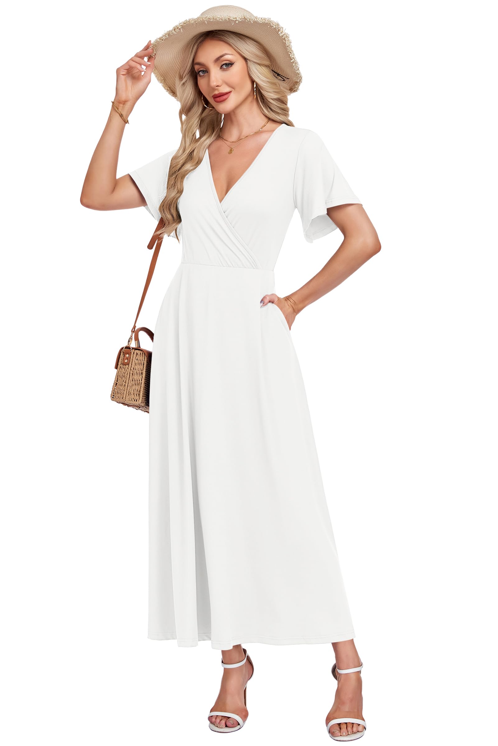 AUSELILY Robe Maxi Femme été 2026 - Robe d'Été Élégante à Manches Courtes Lâches avec Poches et Col V Robe Longue Vacances Plage Robe Femme Léger Confortable