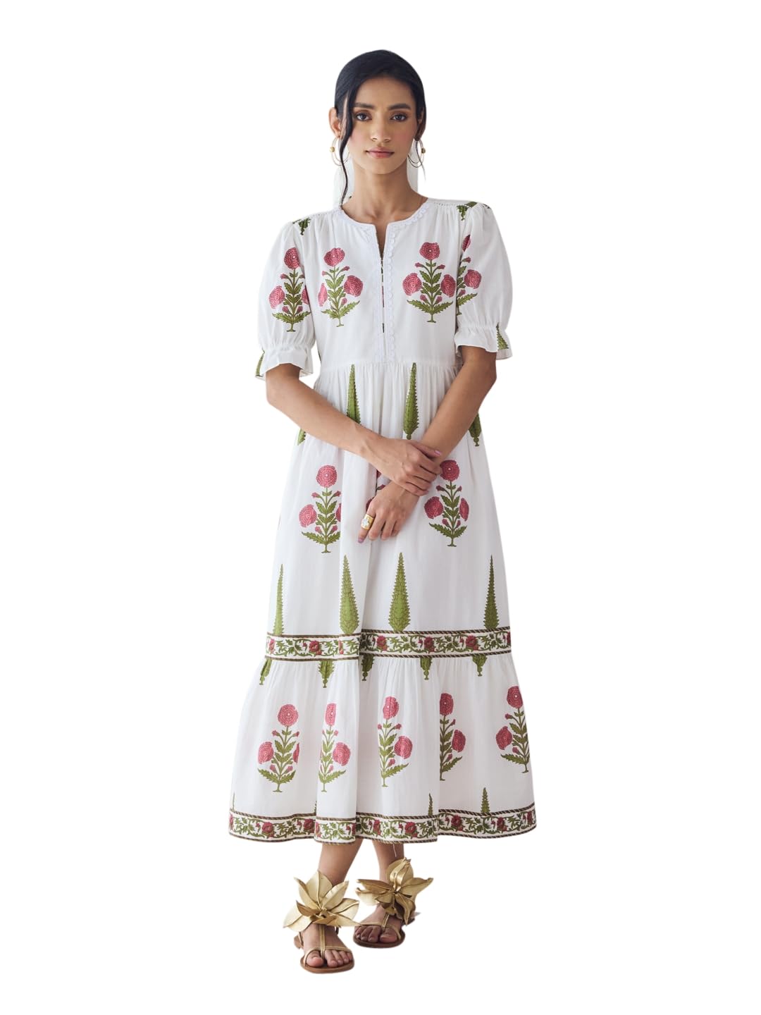 fiorra Women's Off-White Floral Printed Cotton Midi Dress-picture-21