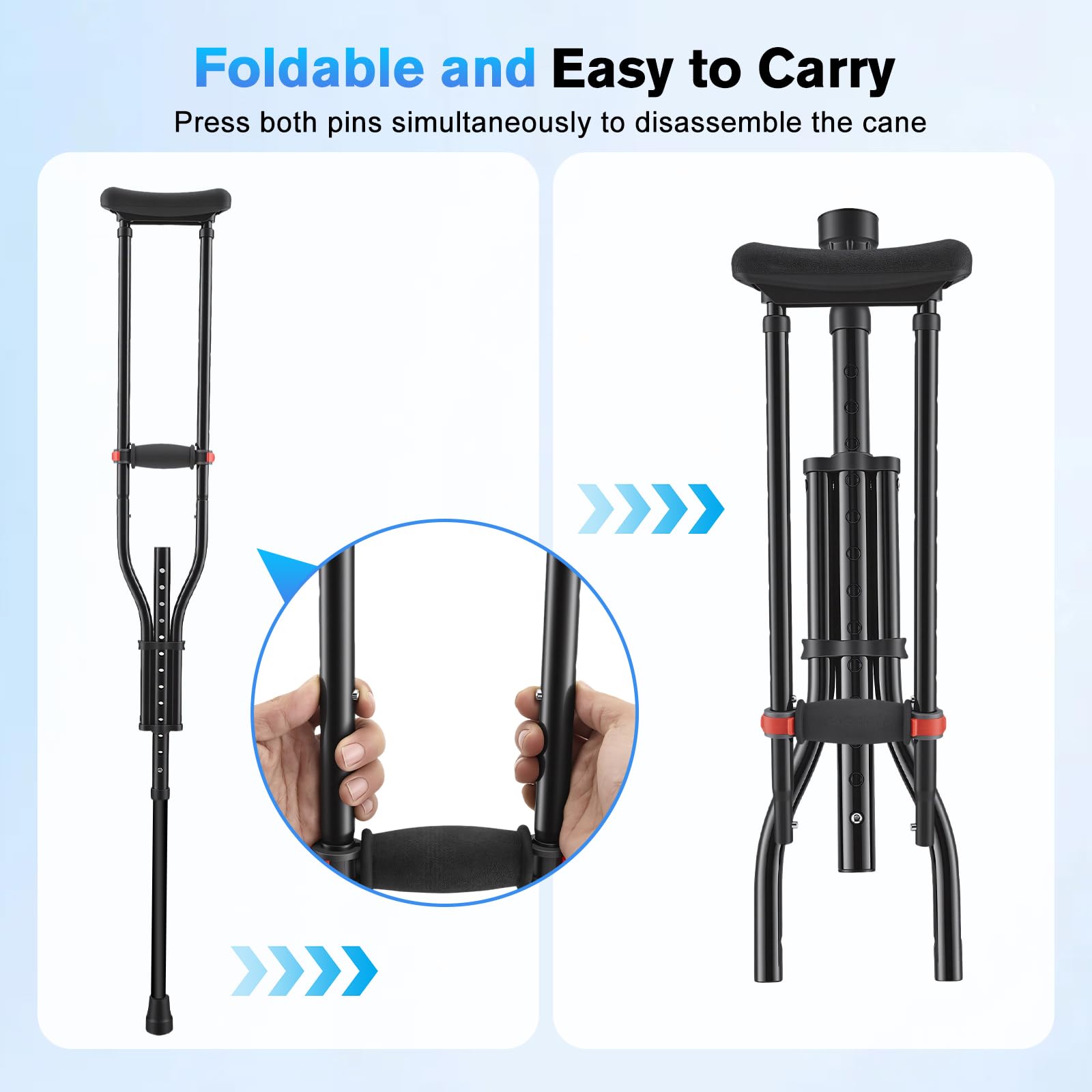 Muletas Axilares 1 Par, Altura Ajustable 99-160cm, Muletas de Aluminio Plegables con Amortiguación, 19 Niveles Regulables, Soportan hasta 150kg,Almohadillas Antideslizantes para Adultos y Post-Cirugía
