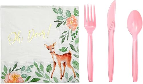 Miniatura 8 de 145 piezas de decoración de baby shower Oh Deer para niña con platos de fiesta, servilletas, vasos, cubiertos, mantel (sirve 24)