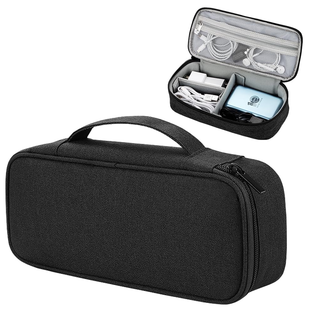 Teskyer Tech Organizer Pouch with Handle, Black | Water-Resistant Fabric, Adjustable Dividers, Multiple Compartments, Protective Lining, Travel and Office Use
