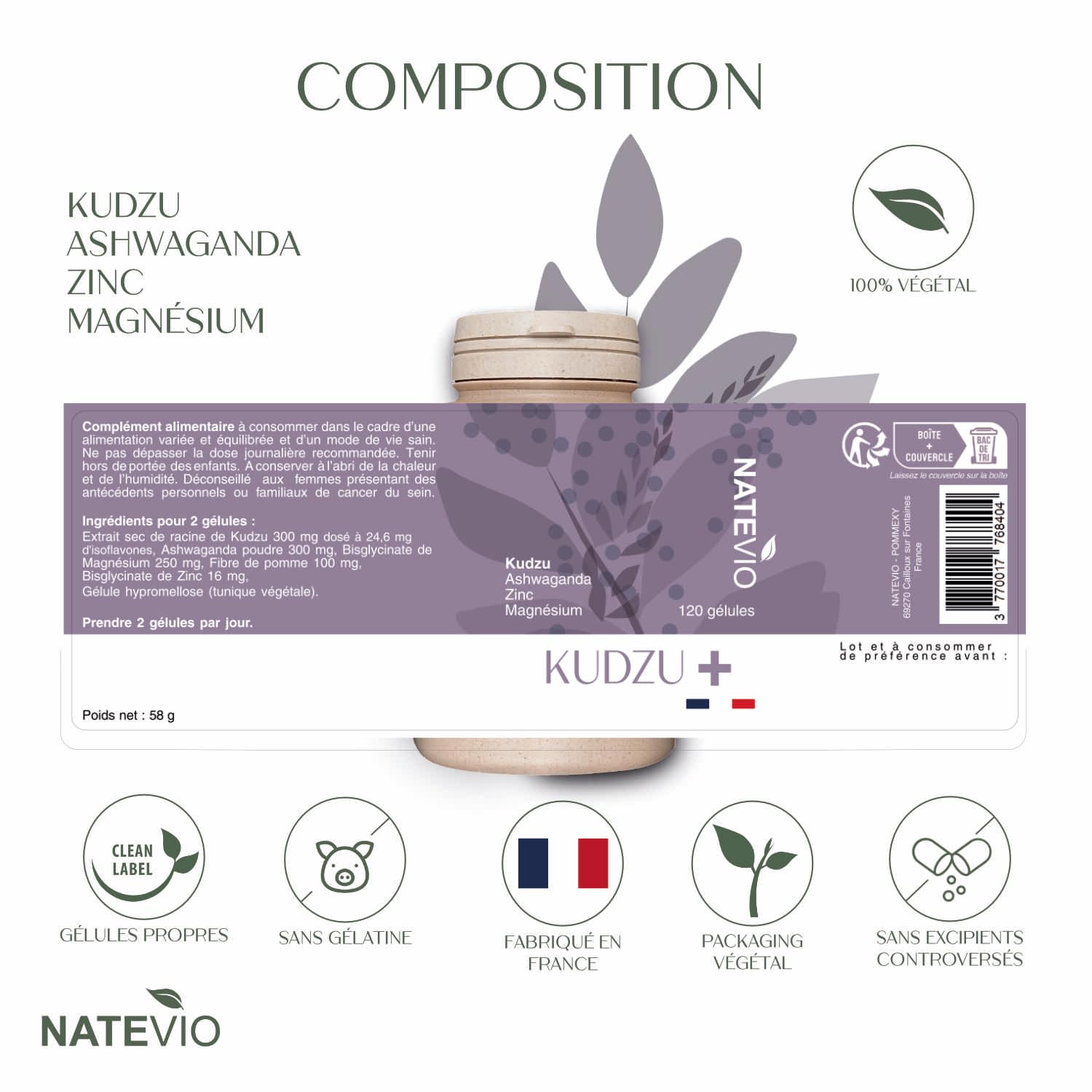 Kudzu Plus - 120 gélules - Complexe Renforcé 4 actifs (Kudzu, Ashwagandha, Magnésium, Zinc) - Sevrage efficace - Complément alimentaire stress et surmenage - Calmant - Fabriqué en France