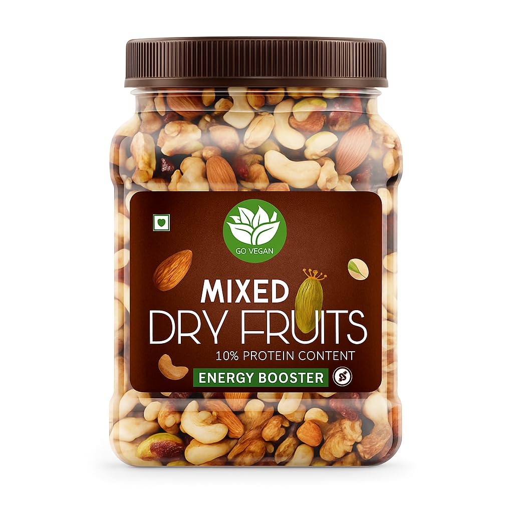 Go Vegan Healthy Nutmix 500gm, Dried Almonds, Black Raisins, Cashewnuts, Cranberries, Black Dates & Many More. (Jar Pack)