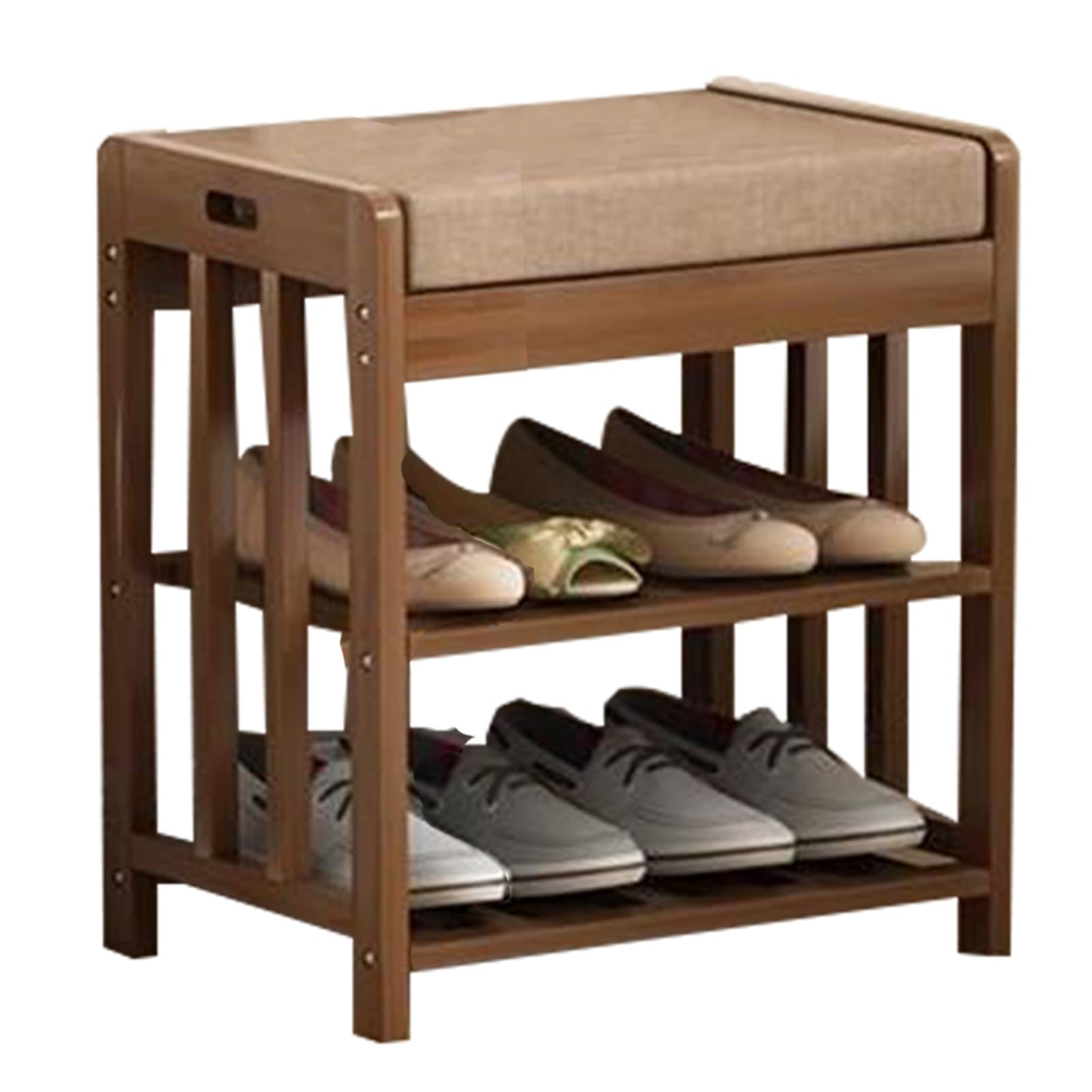GHFXSCV Bamboo 3-Tier Shoe Rack with Storage, Entryway Bench nizer, Upholstered Seat, Ideal for Bedroom or Hallway, Stylish Shoe Storage Solution