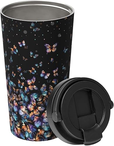 Taza de café aislada de mariposa colorida de 17 onzas con asa de tapa abatible, vaso de viaje aislado de acero inoxidable a prueba de derrames