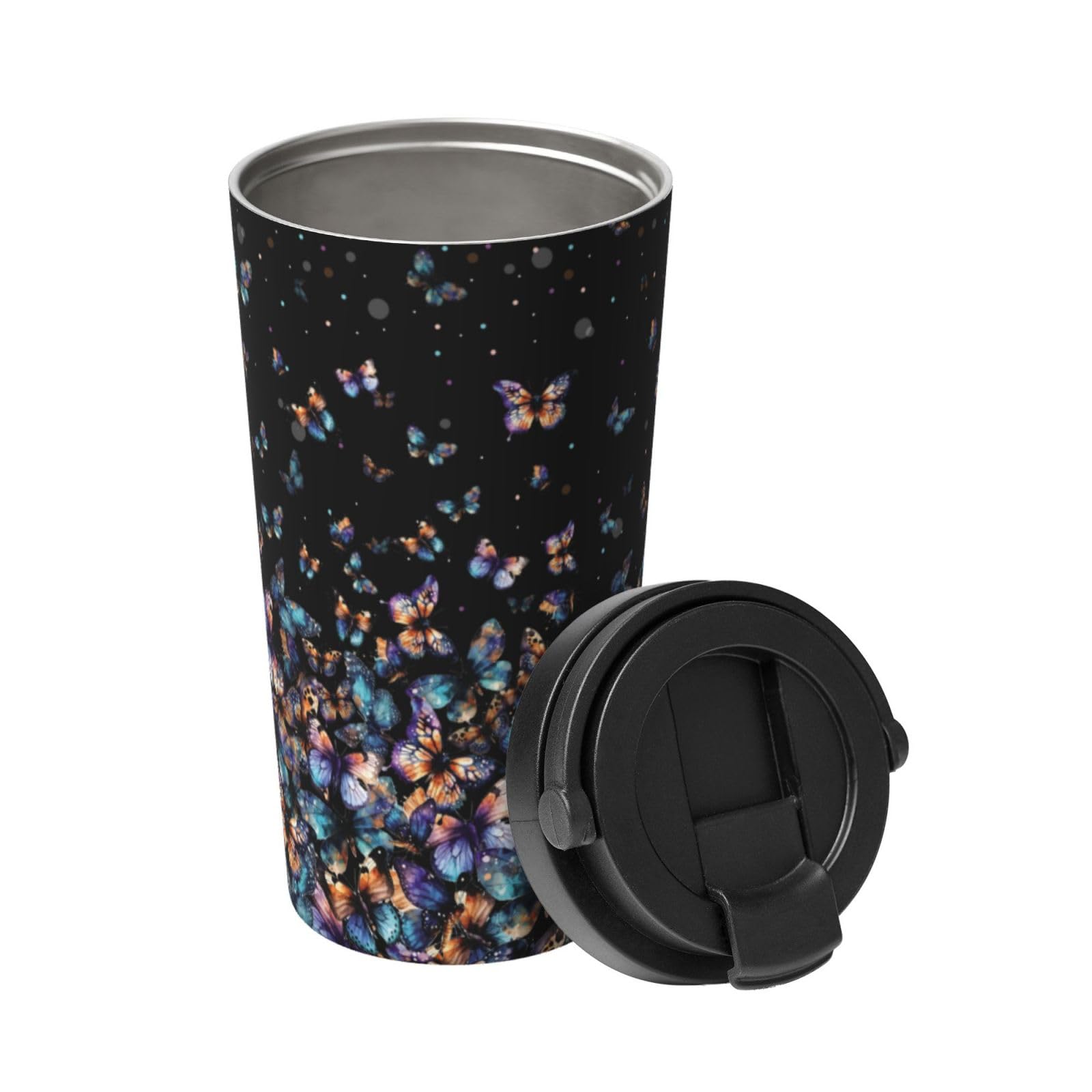 bassyil Colorful Butterfly 17oz Insulated Coffee Mug with Flip Lid Handle Stainless Steel Insulated Travel Tumbler Spill Proof