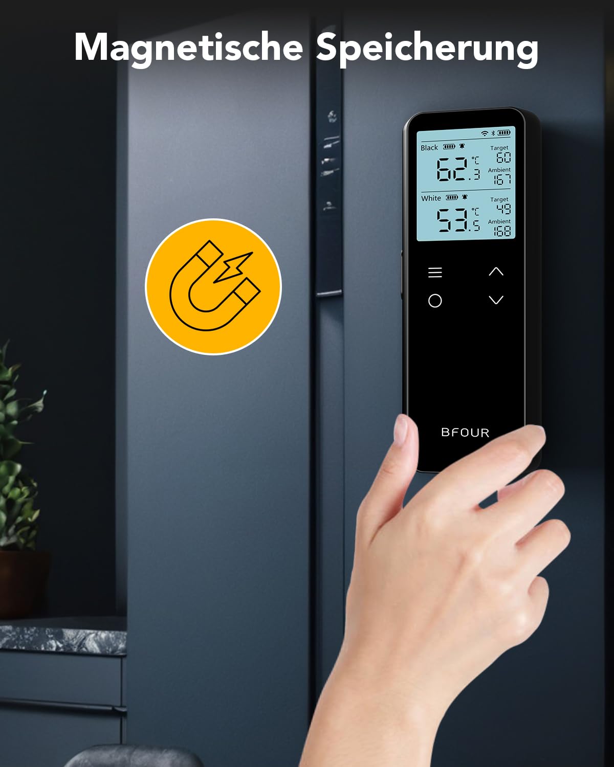 BFOUR BF-80 Fleischthermometer kabellos, WLAN & Bluetooth Grillthermometer, 2 Sonden, WLAN unbegrenzte Reichweite, IP67 wasserdicht, APP-Steuerung, Bratenthermometer für BBQ, Backofen, Grill