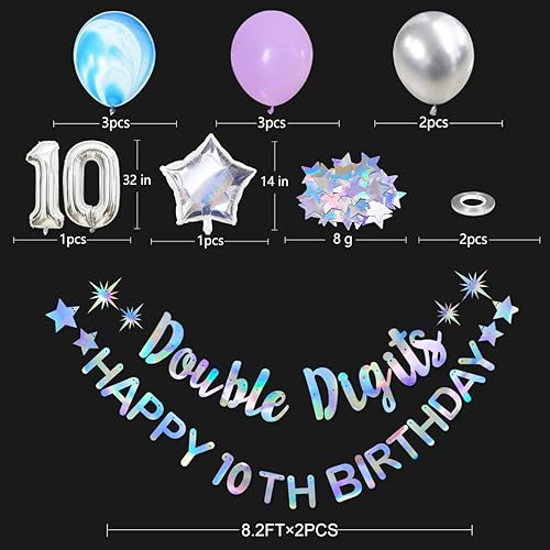 Miniatura 2 de Guirnalda iridiscente de doble dígito con texto en inglés "Happy 10th Birthday", guirnalda de globos de aluminio de 10 años para niñas y niños,