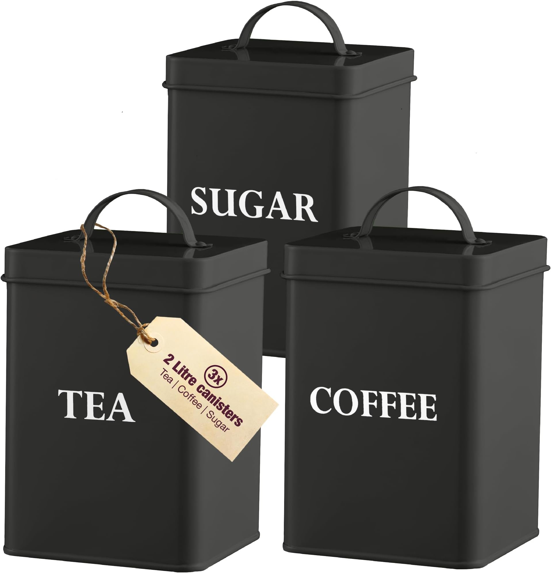 ANDREW JAMES Tea Coffee Sugar Canisters | Vintage Style Kitchen Storage Set | Rust Resistant Powder Coated Iron Caddies | Store Coffee Beans Granules Teabags Sugar | Part of The Vintage Range (Black)
