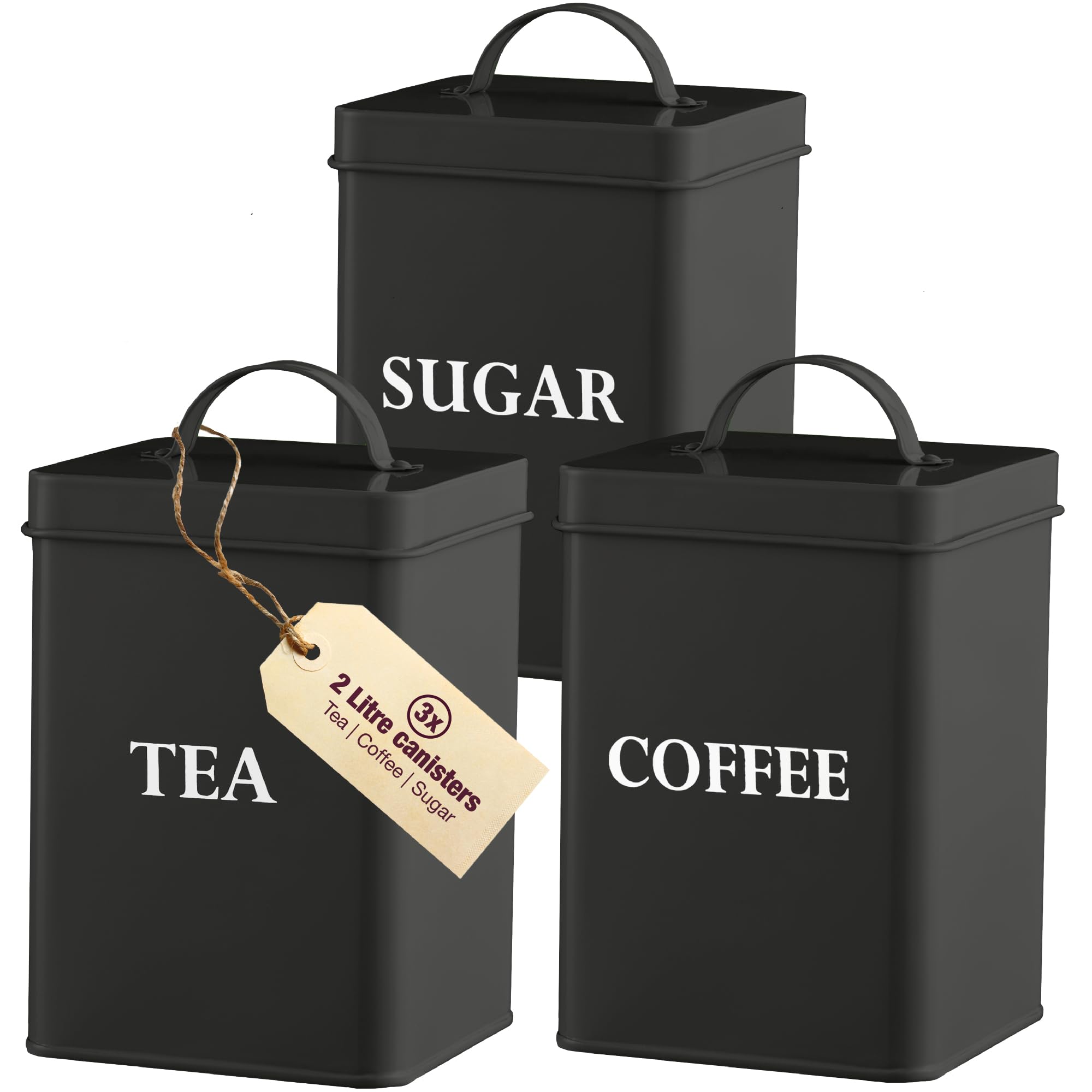 andrew james Tea Coffee Sugar Canisters Set for Home or Office, Vintage Style Kitchen Storage Set, Rust Resistant Powder Coated Tea Caddies, Store Coffee Granules Teabags Sugar