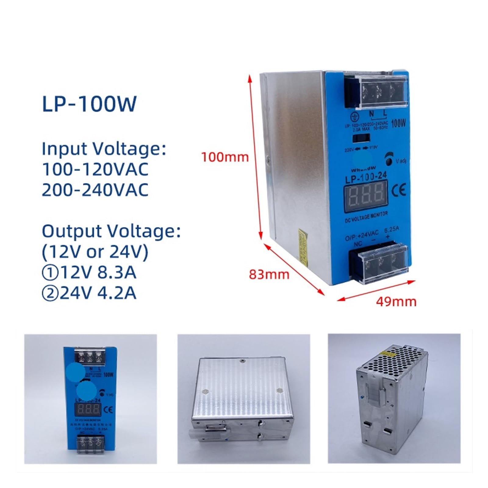 LPSeries.50W 150W 300W Przełącznik instalacyjny montowany na szynie, zasilacz wskaźnik napięcia 12 V 24 V (LP-100 W, 12 V)