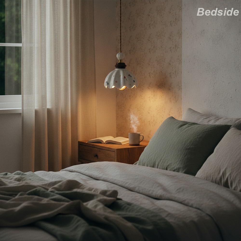Pendelleuchte Keramik Gefaltet Skandinavisch, Hängelampe Blütenform aus Porzellan Vintage Landhausstil Wellen Design Kronleuchter für Nachttisch Café Kücheninsel