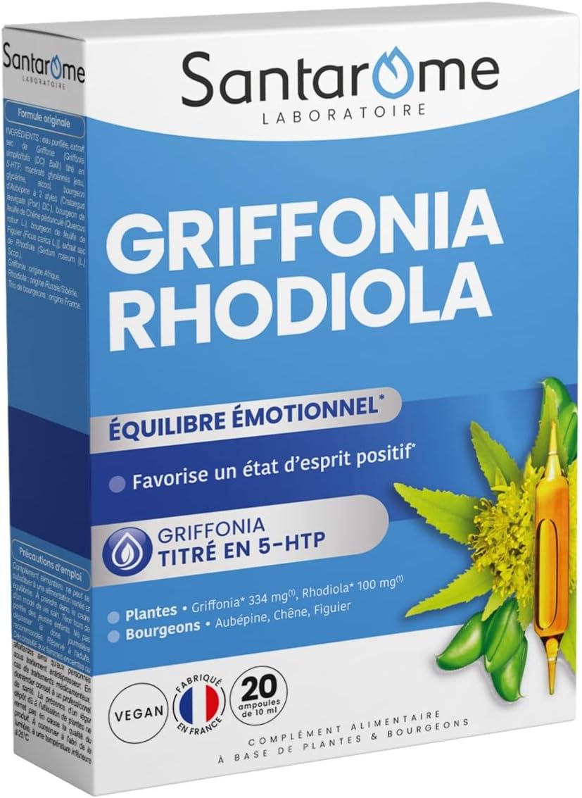 Santarome Griffonia Rhodiola Nervousness Supplement for Relaxation and Relaxation 5-HTP Titled 20 Ampoules Vegan Made in France
