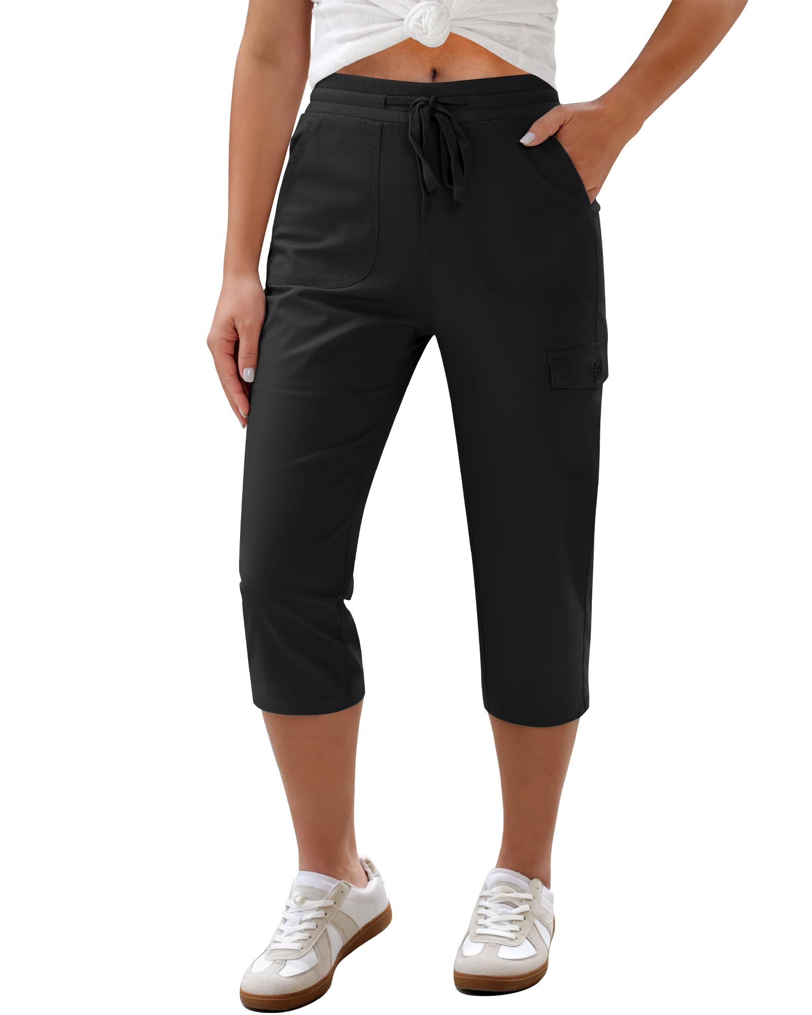 GRAPENT Capri Pants for Women Cargo Elastic Waist Pull On Drawstring Summer Casual Capris Cotton Chino Cropped Pants