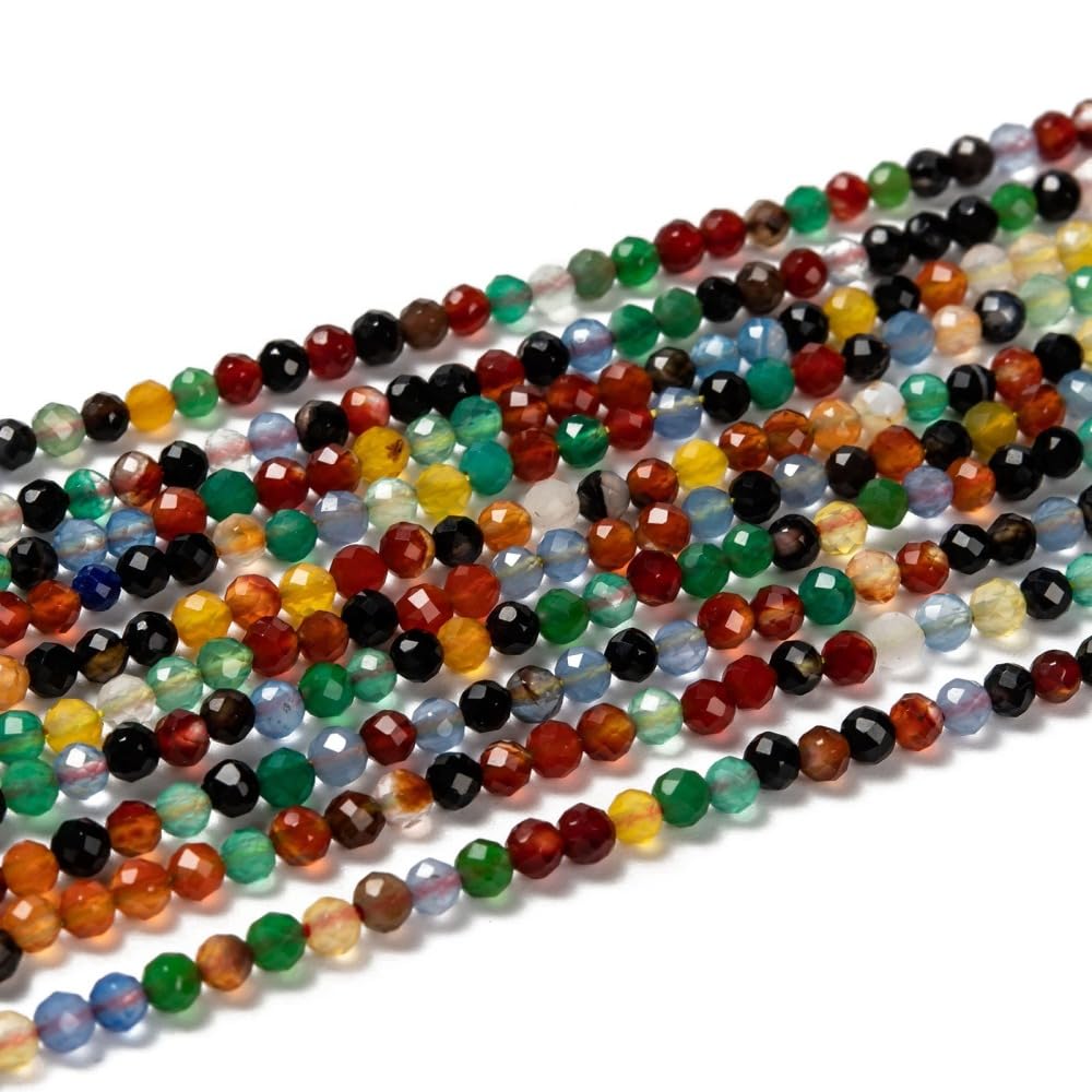 Airssory 130 Pcs 3mm Mixed Color Natural Agate Beads Strands Faceted Round Small Loose Crystal Gemstone Bead Spacer for DIY Bracelet Necklaces