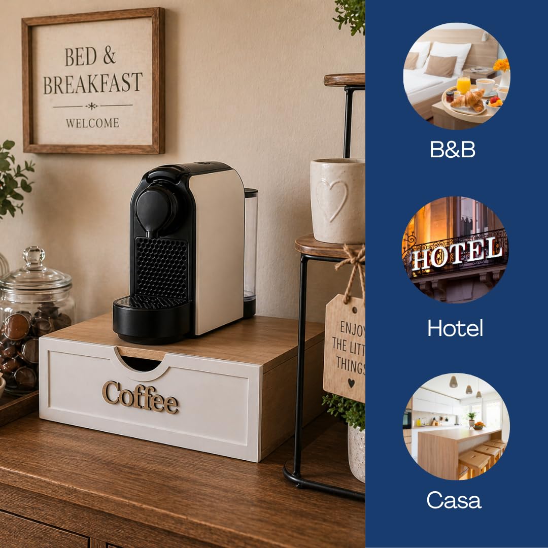 Porta Cialde Bianco Coffee con Cassetto e Ripiano Resistente - In legno – Organizer Classico per Cialde, Capsule e Tisane A 3 Scomparti – Porta Capsule Caffè – Ideale per Cucina, Ufficio, B&B (coffee)