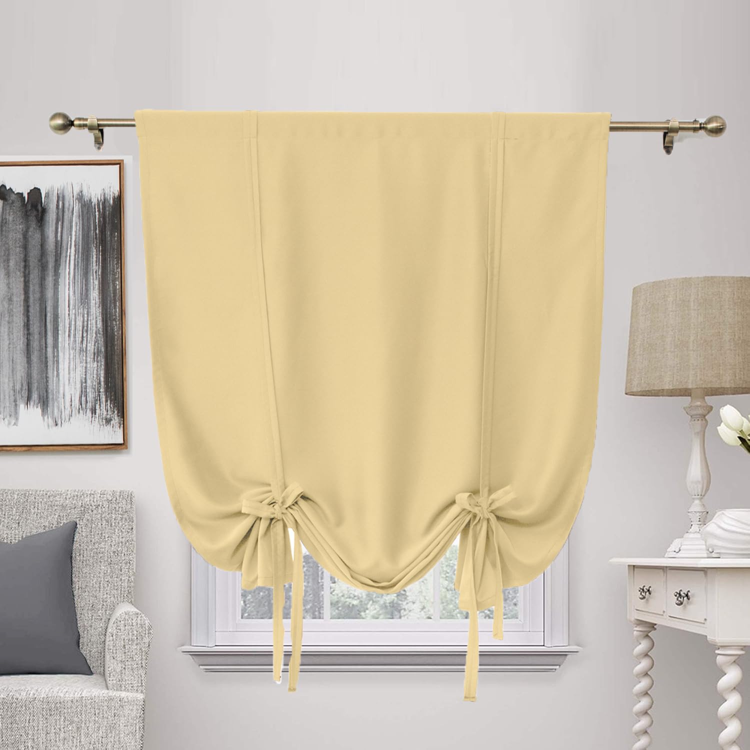 ZHhan Blackout Tie Up Curtain Thermal Insulated Tie Up Window Shade Bathroom Curtain Tie Up Shade for Small Window for Kitchen French Door Rod Pocket Panel, Beige, W 42" x L 48", 1 Panels